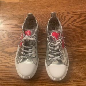 Moschino Silver and White Sneakers with Red Heart